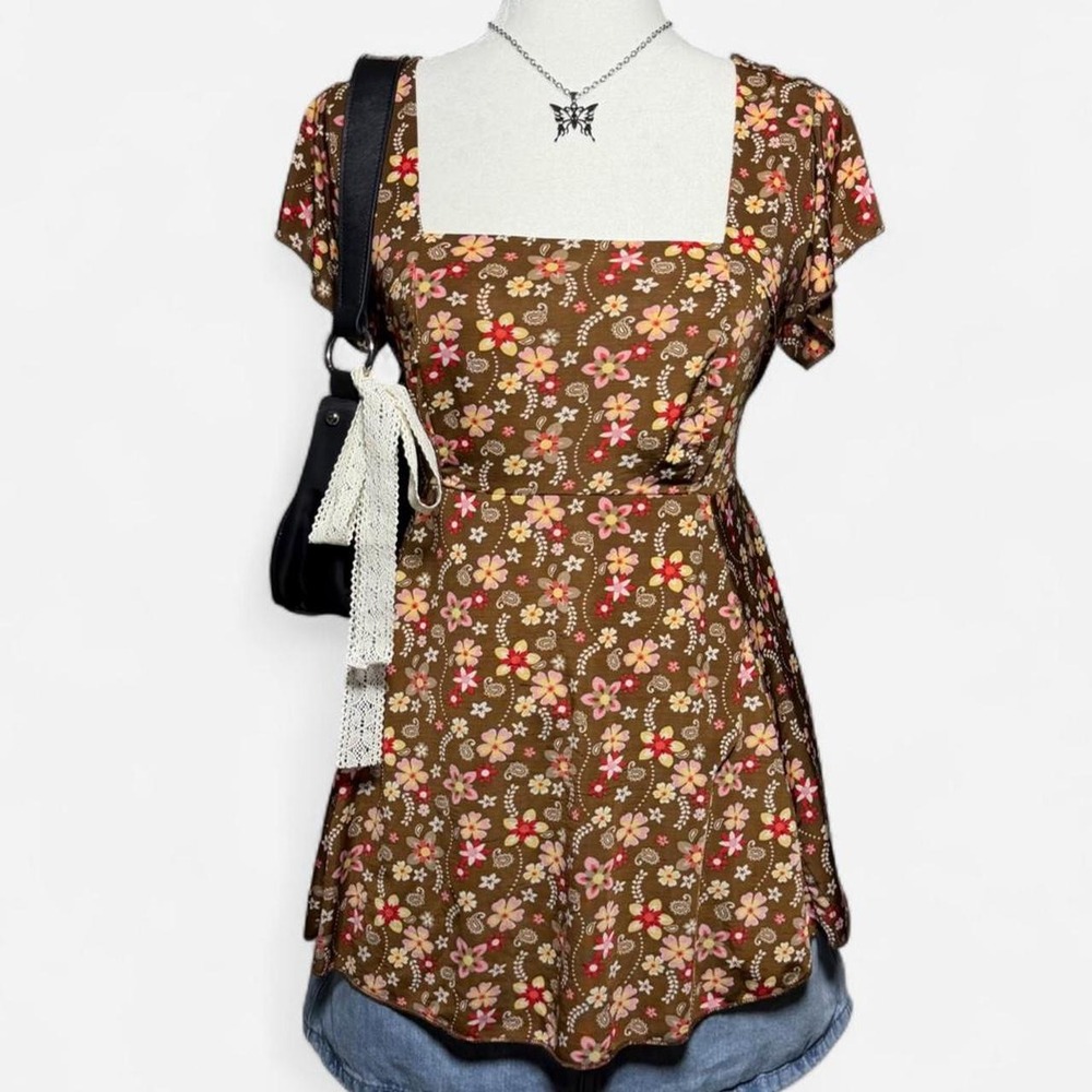 Announcements Brown Floral Paisley Square Neck Tunic Blouse Vintage Y2K Style M